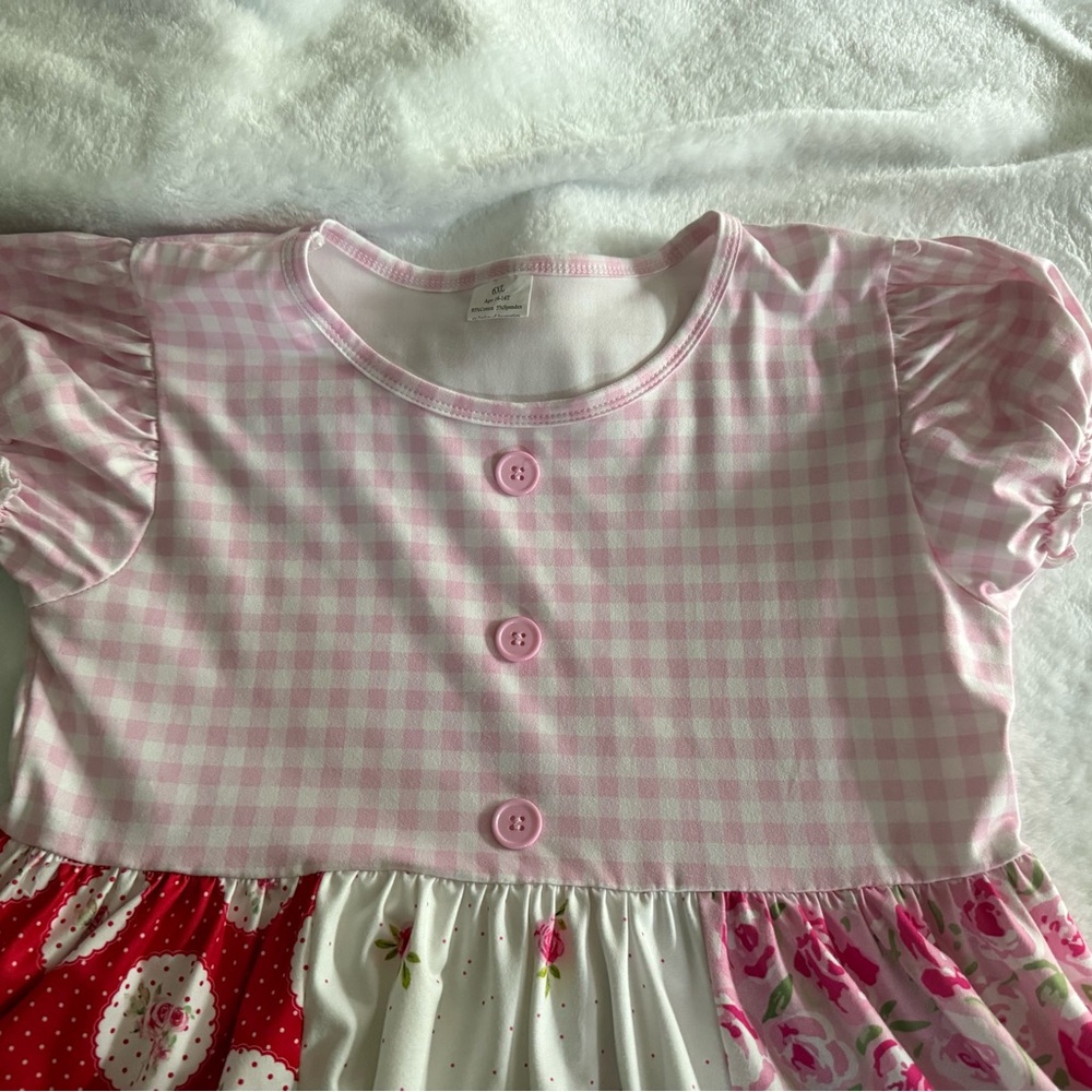Boutique White Pink Red Roses Flowers Dots Gingham Ruffles Girls Dress 14/16 - Picture 2 of 9